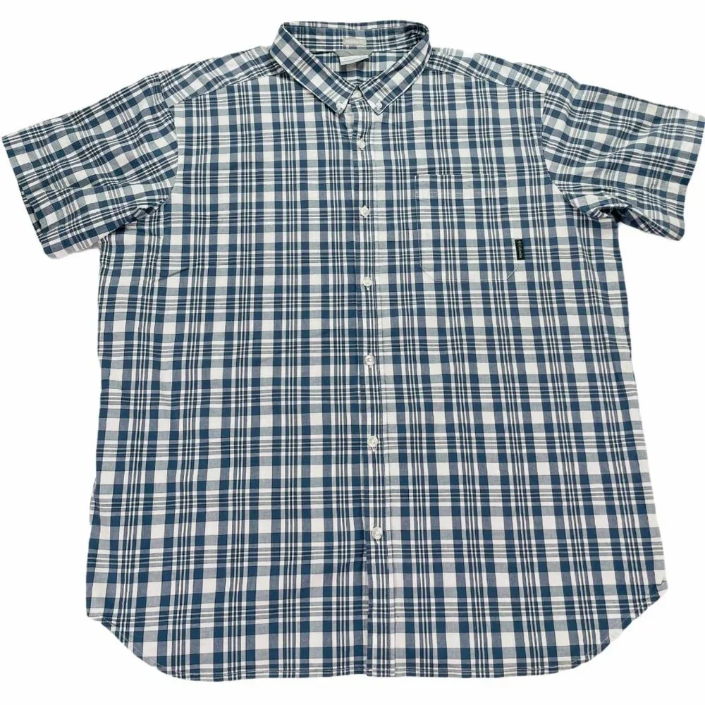 Columbia Button Down Shirt Men 2XL Plaid Blue White Short Sleeve Regular Fit